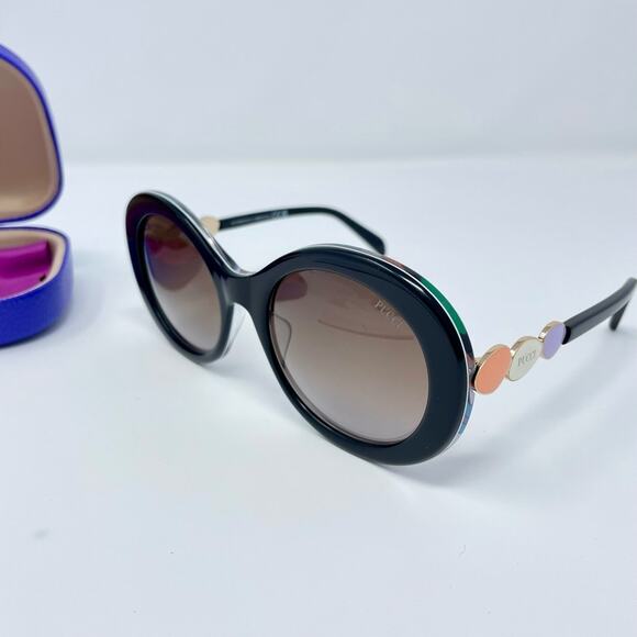 EMILIO PUCCI 55MM Round Sunglasses Shiny Black Bordeaux print retro Cobain 60s - Picture 11 of 16